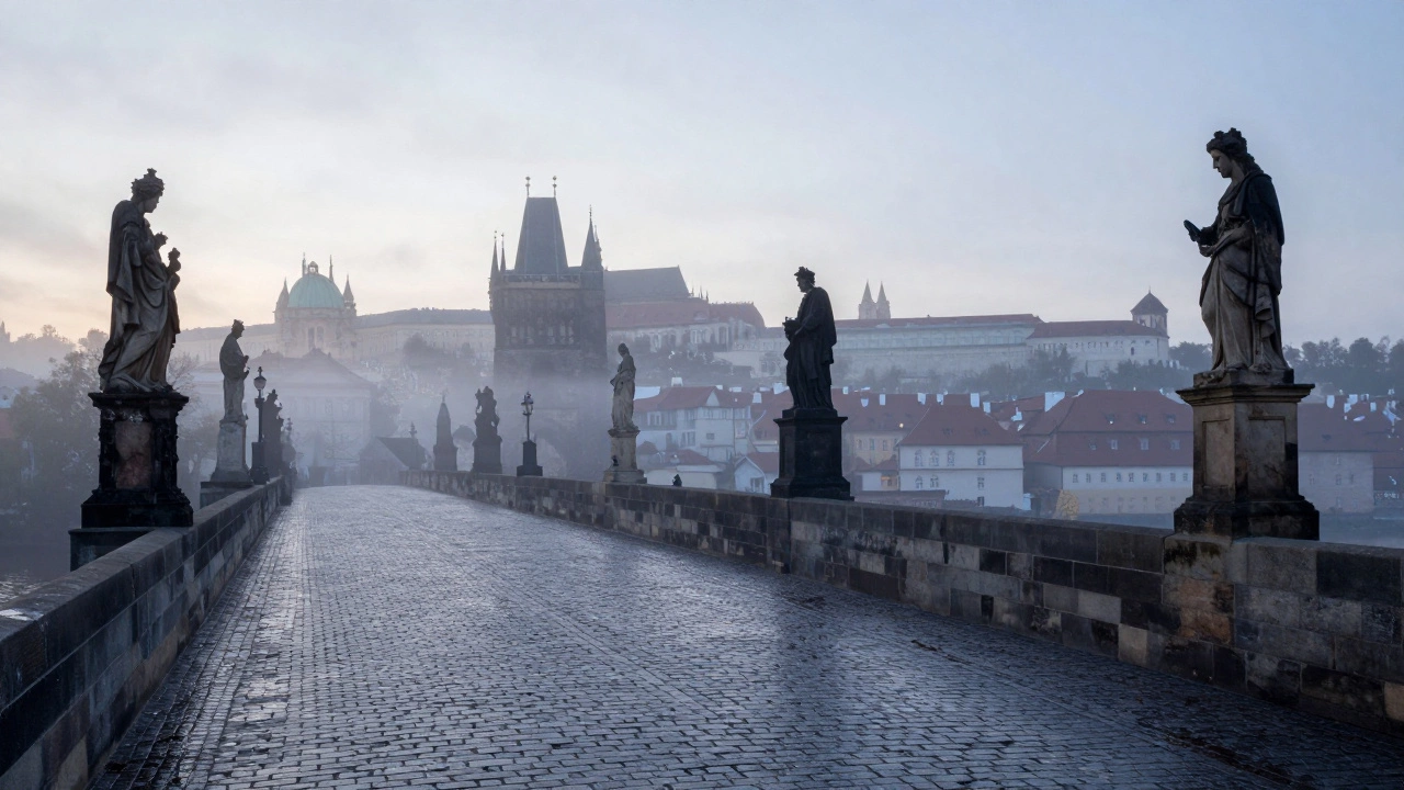 The misty Charles Bridge and gothic spires of Prague at dawn