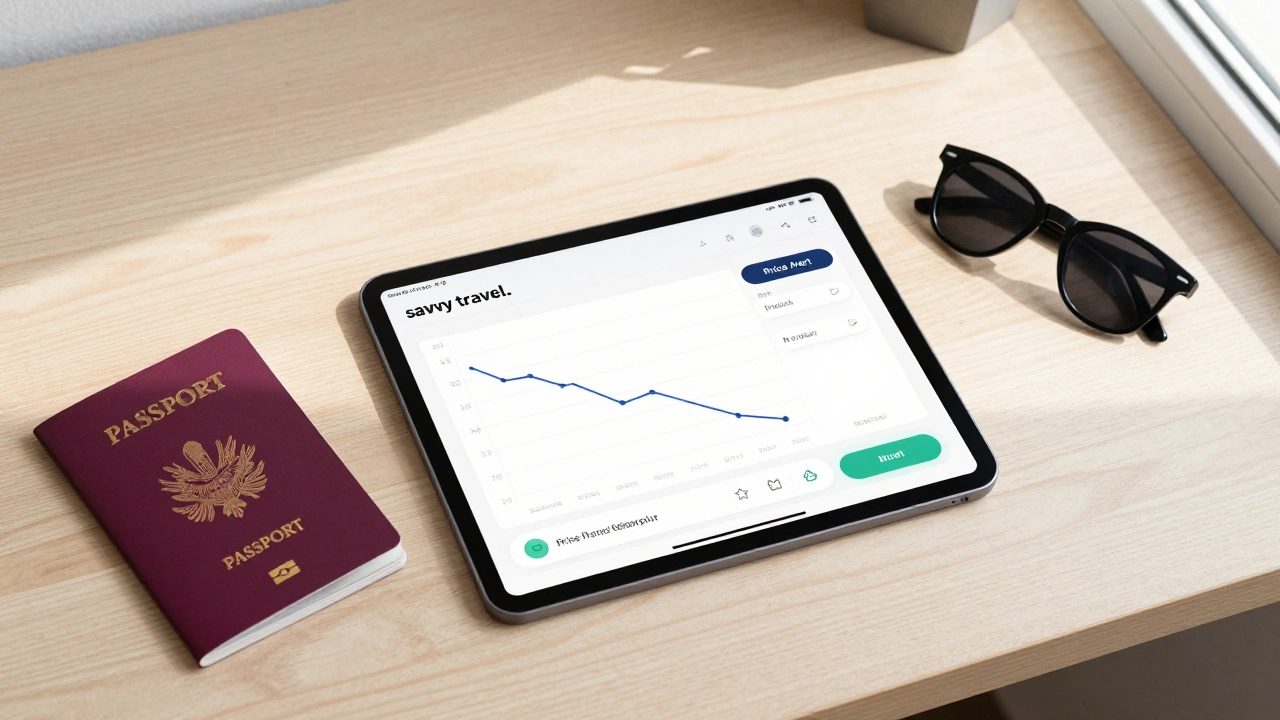 Traveler's desk with a tablet showing a flight price tracking graph and a passport