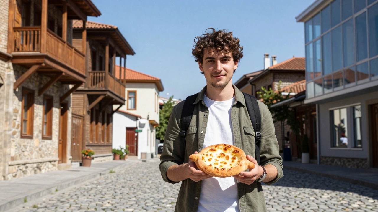 Traveler enjoying traditional cheese bread on a scenic street in Tbilisi, Georgia