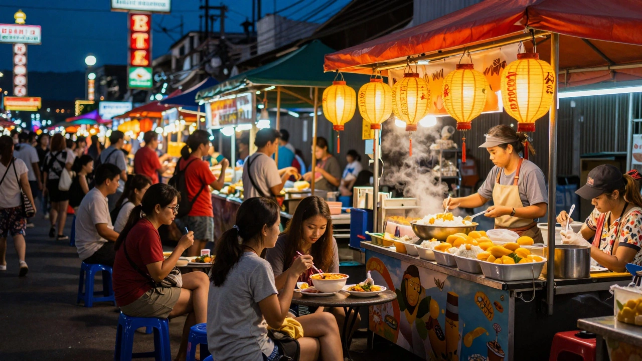 Vibrant street food market in Phuket with people eating on plastic stools