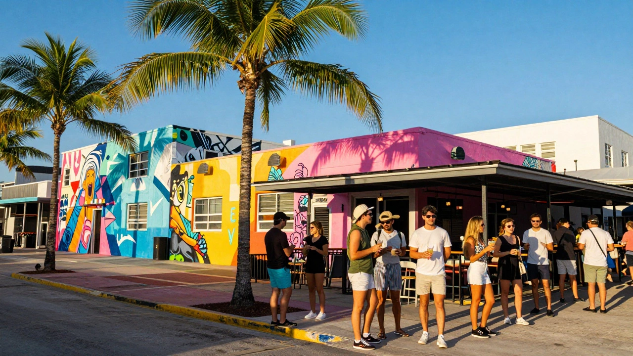 Colorful Wynwood Miami street art with people mingling outside