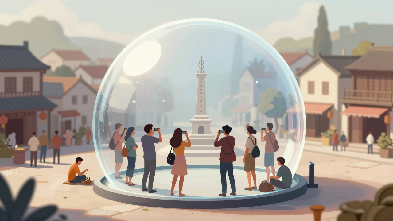 Conceptual art of tourists isolated in a glass bubble from locals