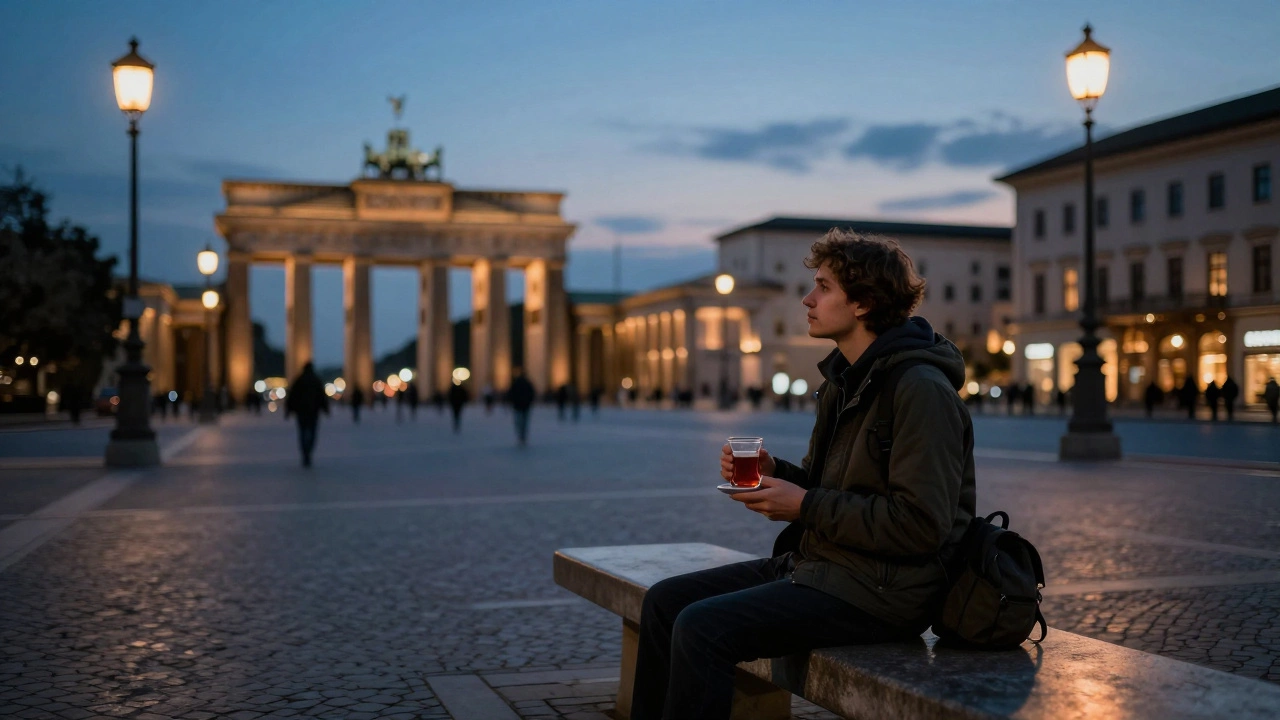 Contemplative traveler resting on a bench in a historic city square at dusk, surrounded by soft ambient lights.