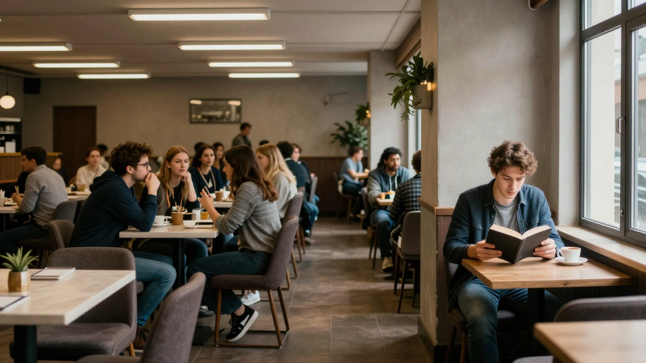 Contrast between a crowded noisy group dinner and a quiet solo cafe moment.