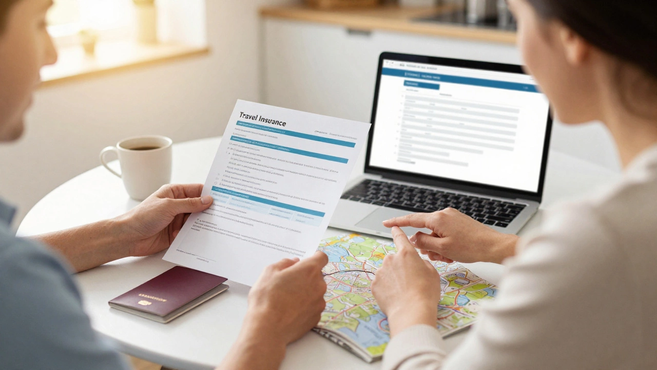 Couple reviewing travel insurance and documents for a safe trip