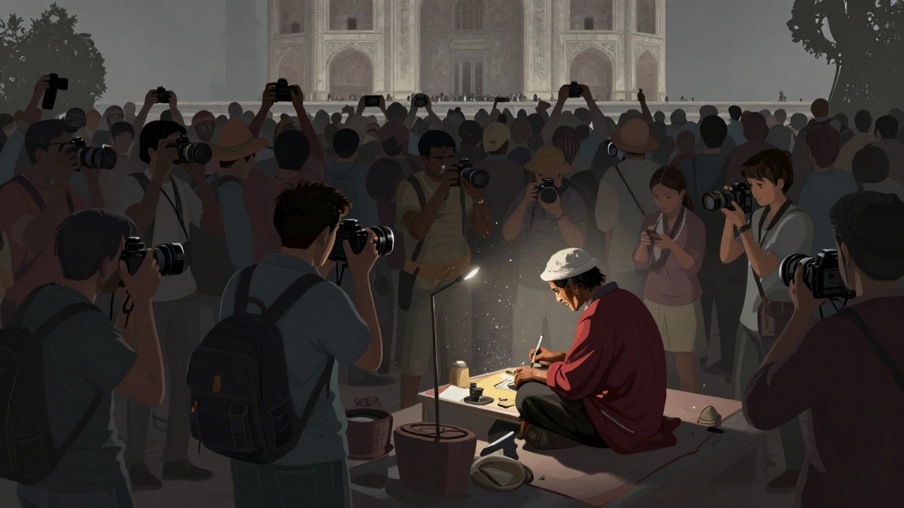 Crowd of tourists blocking a local artisan at a cultural site.