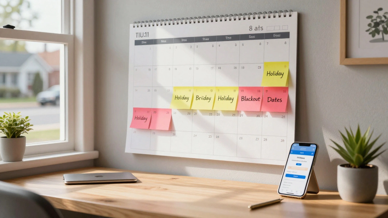 Desk with calendar showing strategic PTO planning around holidays and blackout dates