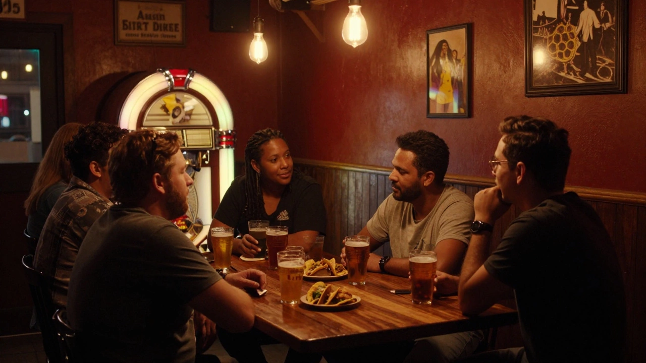 Dimly lit Austin bar with patrons chatting and drinking beer