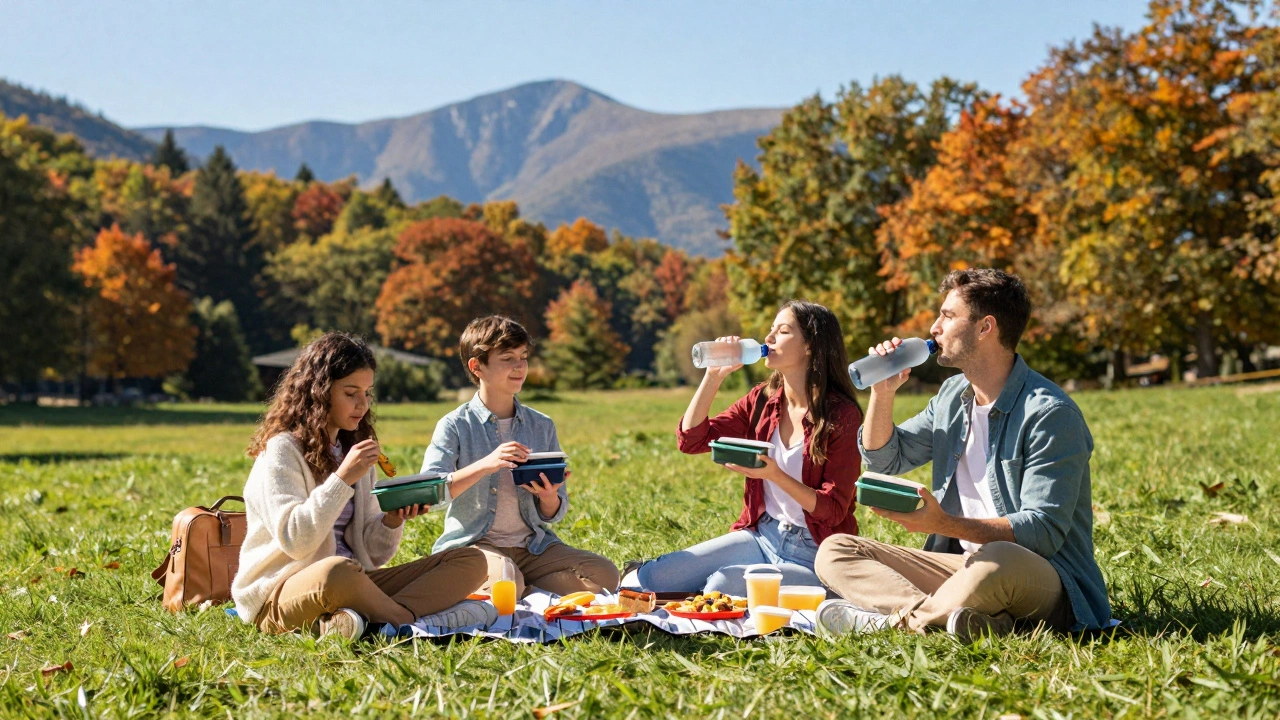 Family having a budget-friendly picnic in an autumn national park