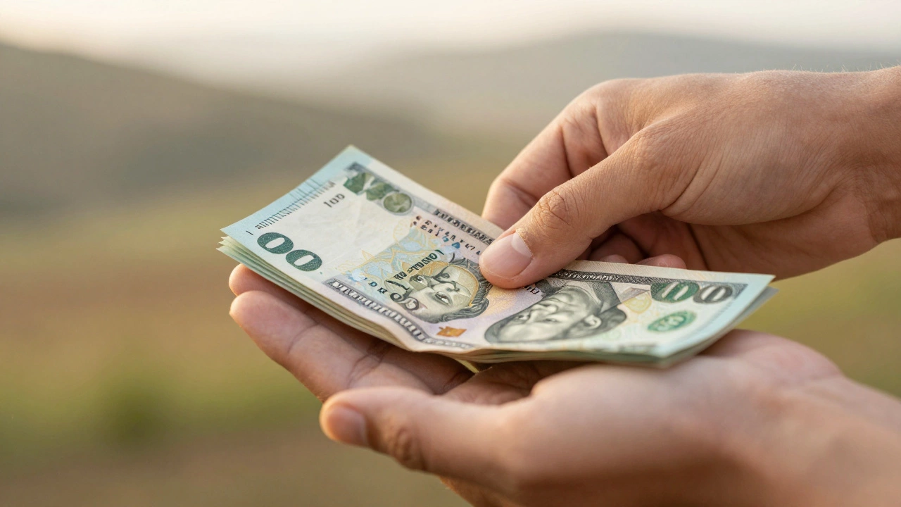 Hand giving cash tip to service worker