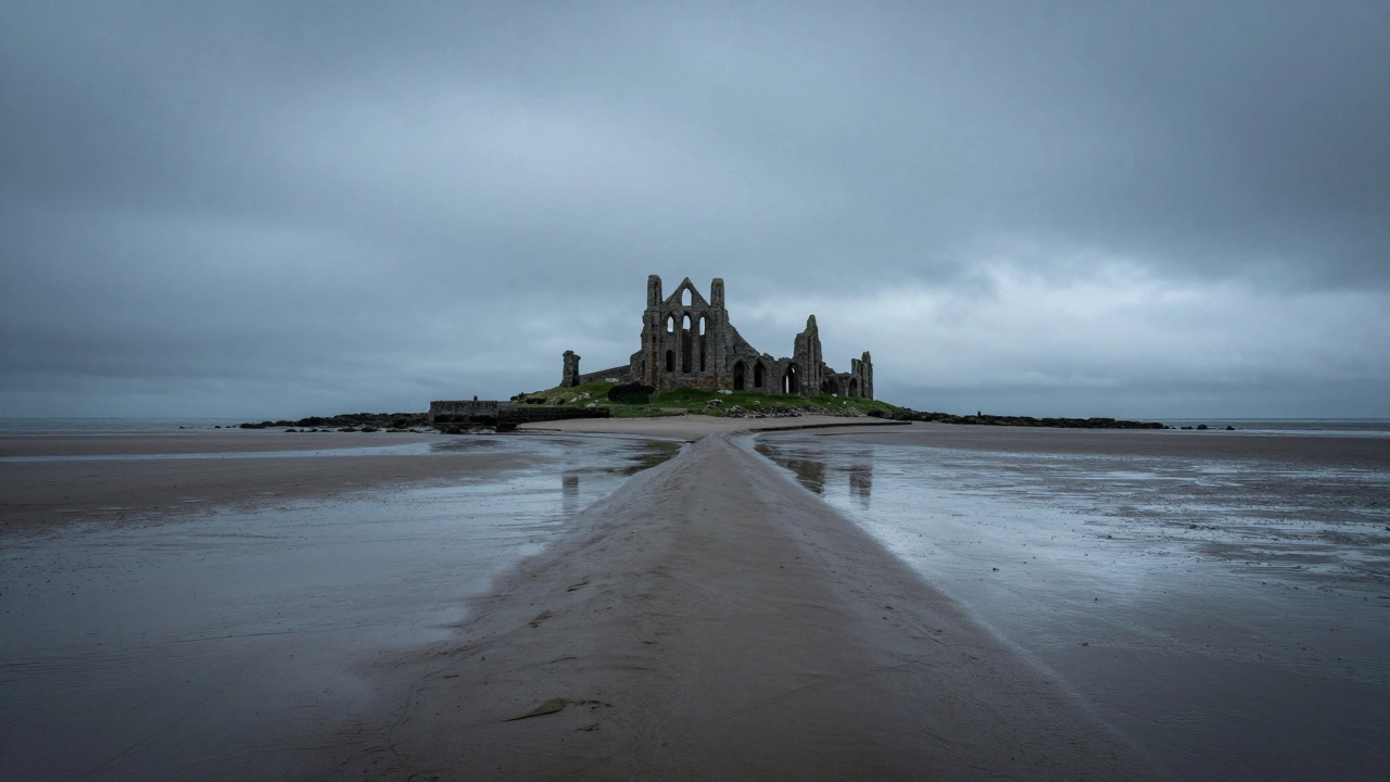 Holy Island of Lindisfarne connected by a tidal causeway under a misty sky