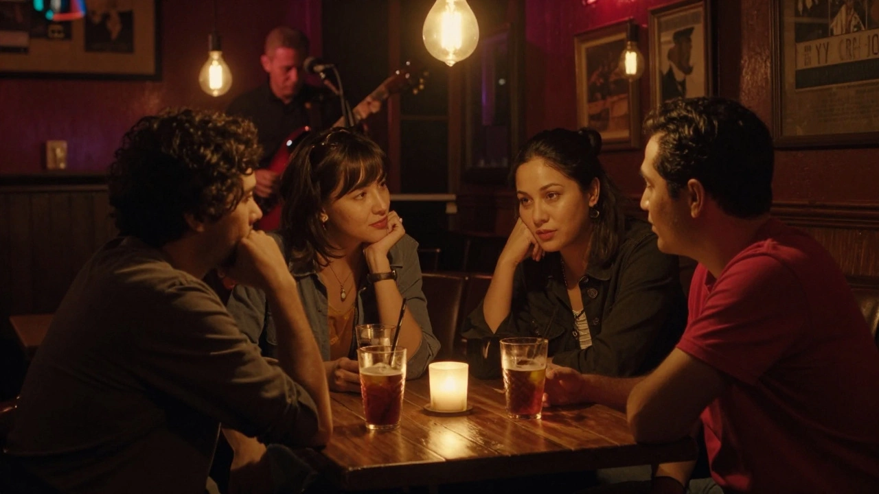 Intimate conversation in cozy dimly lit jazz club