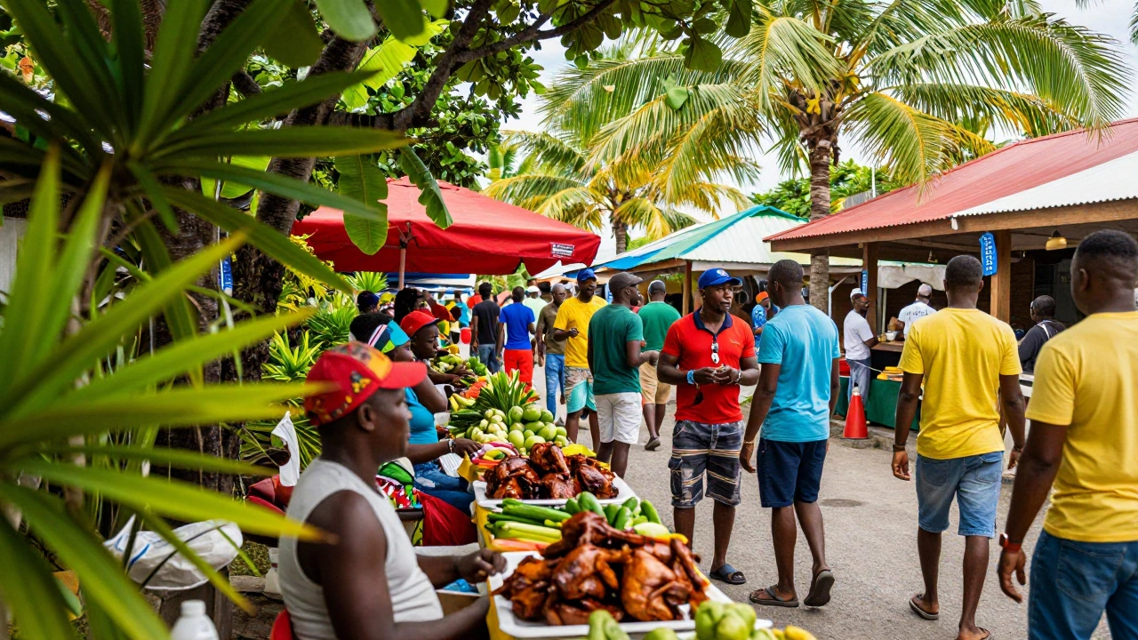 Lively Jamaican street scene with tropical plants, local vendors, and tourists enjoying culture.