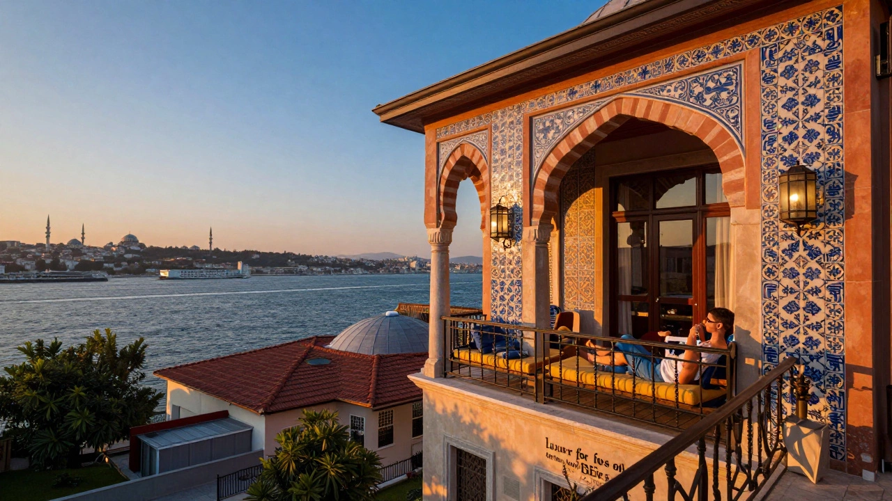 Luxurious hotel balcony in Istanbul, Turkey overlooking the Bosphorus