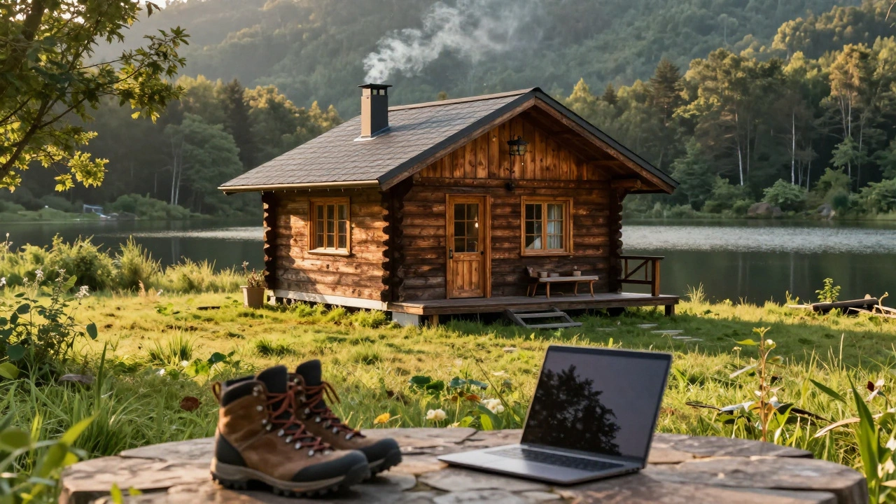 Peaceful lakeside cabin with hiking boots, symbolizing a relaxing weekend getaway