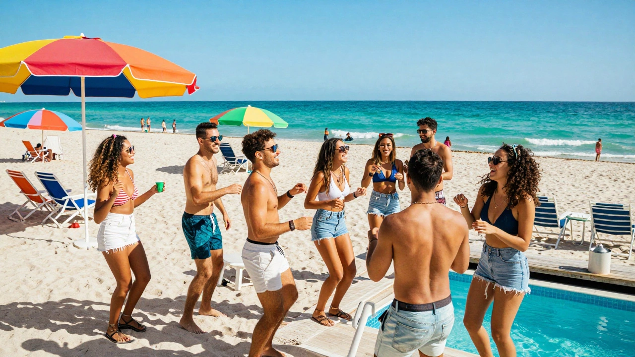 People dancing at vibrant Miami beach day party