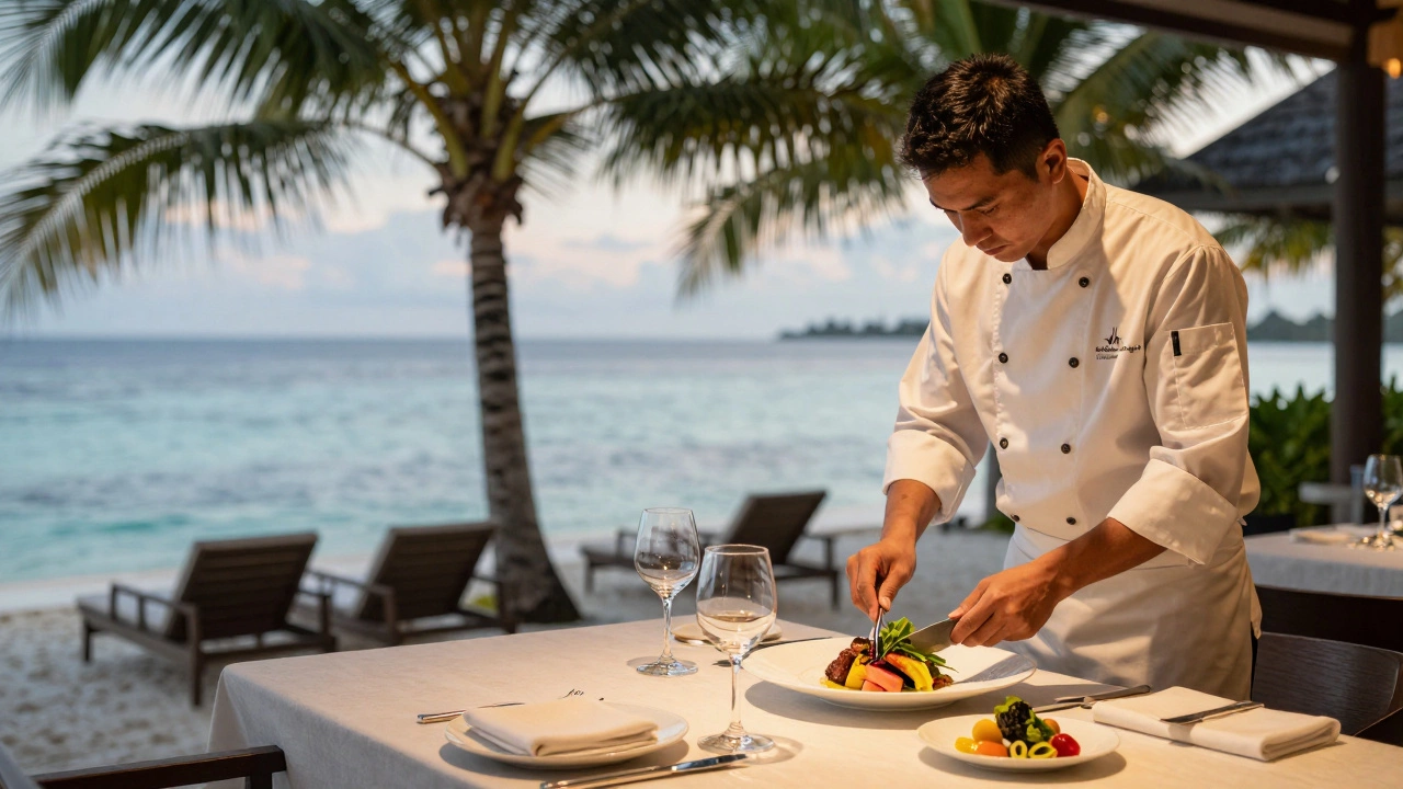 Private chef preparing gourmet meal on a terrace overlooking the ocean.