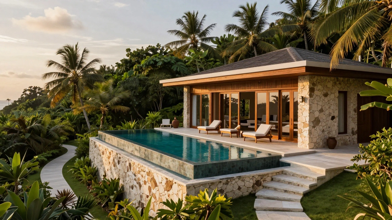Secluded luxury villa with infinity pool surrounded by tropical jungle foliage.