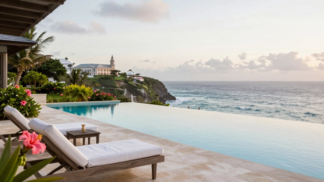 Serene luxury villa infinity pool overlooking the ocean in Barbados with tropical decor.