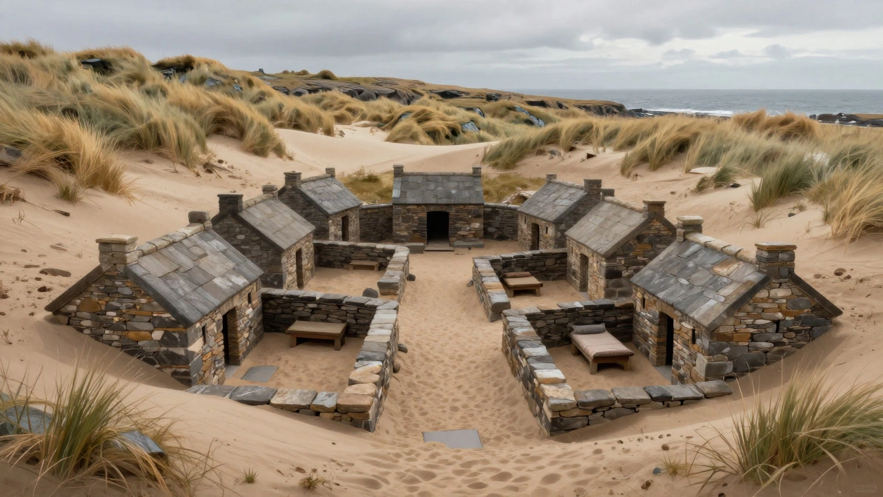 Skara Brae Neolithic stone houses preserved under sand dunes in Orkney