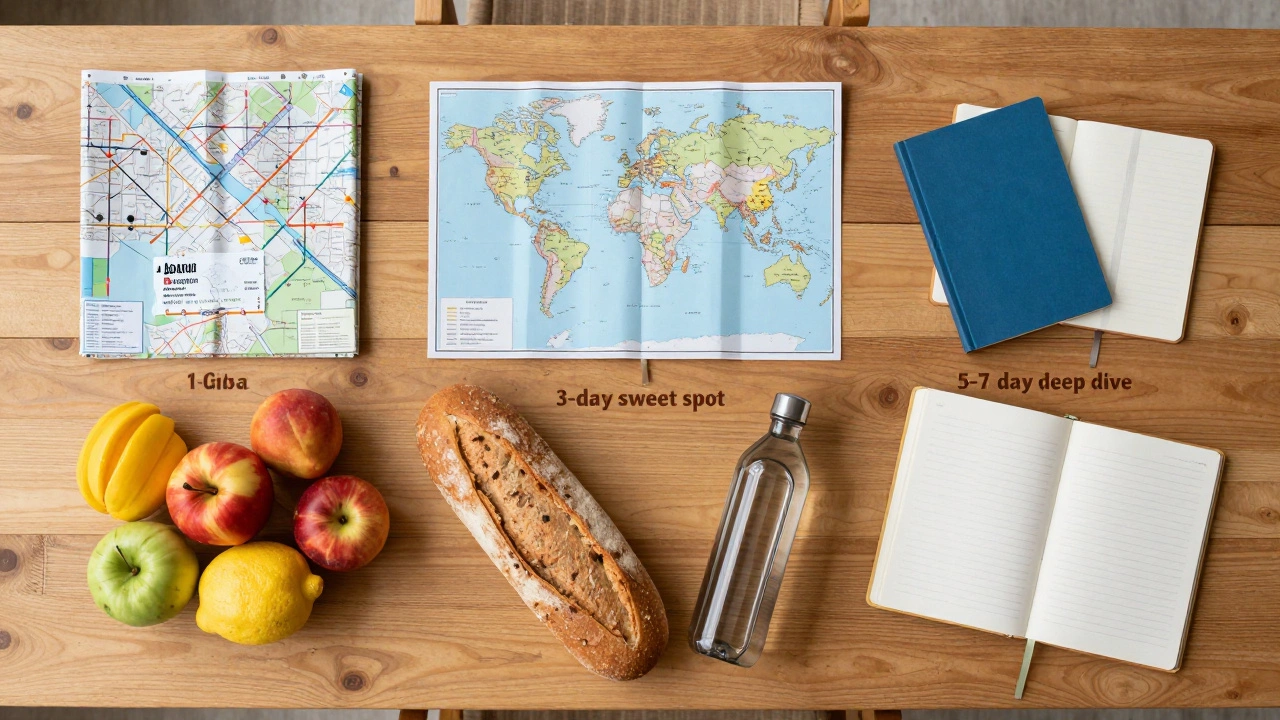 Top-down view of travel planning items on a table, comparing short trips with long-term local immersion.