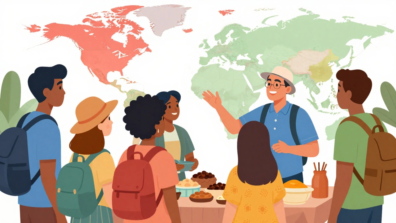 Tour guide interacting with tourists abroad