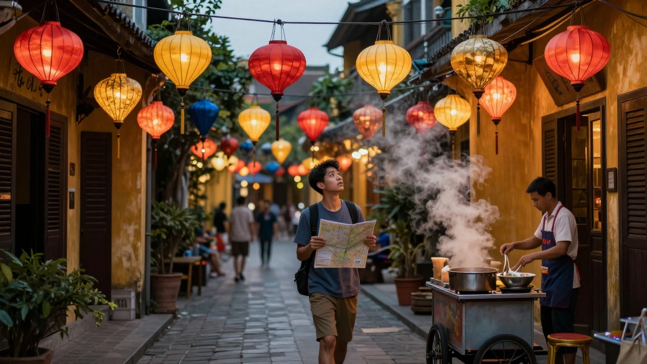 Twilight scene in Hoi An, Vietnam with hanging lanterns and street food