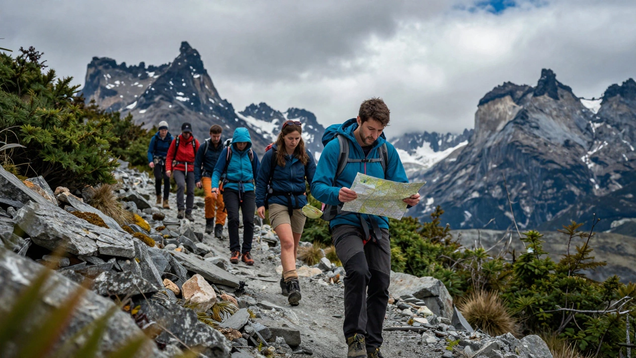 Adventure guide leading hikers on a mountain trail