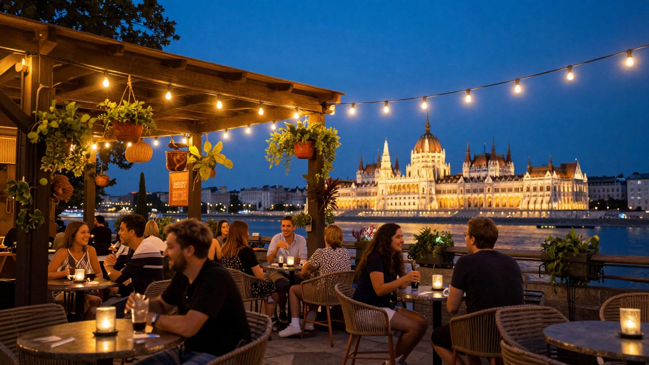 Atmospheric Budapest ruin bar courtyard with city lights in background