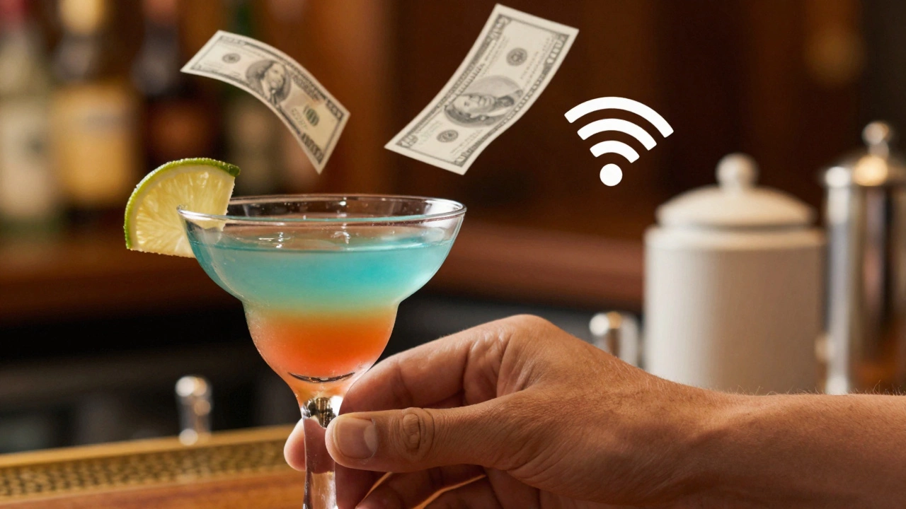 Cocktail glass with floating symbols of hidden travel fees