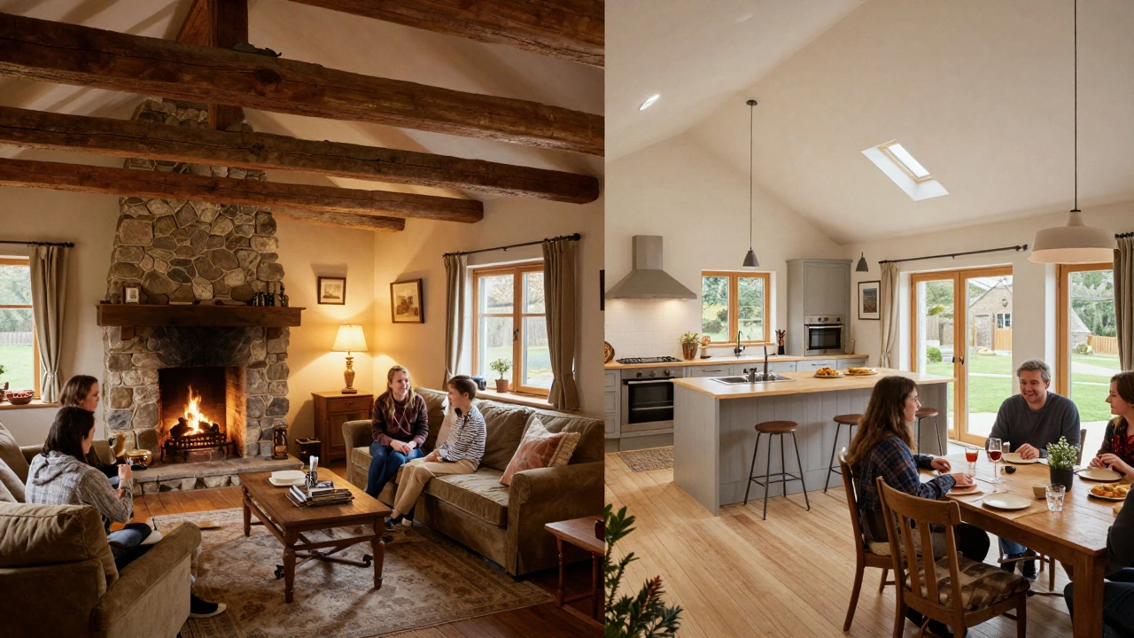 Comparison of cozy cottage interior vs spacious house