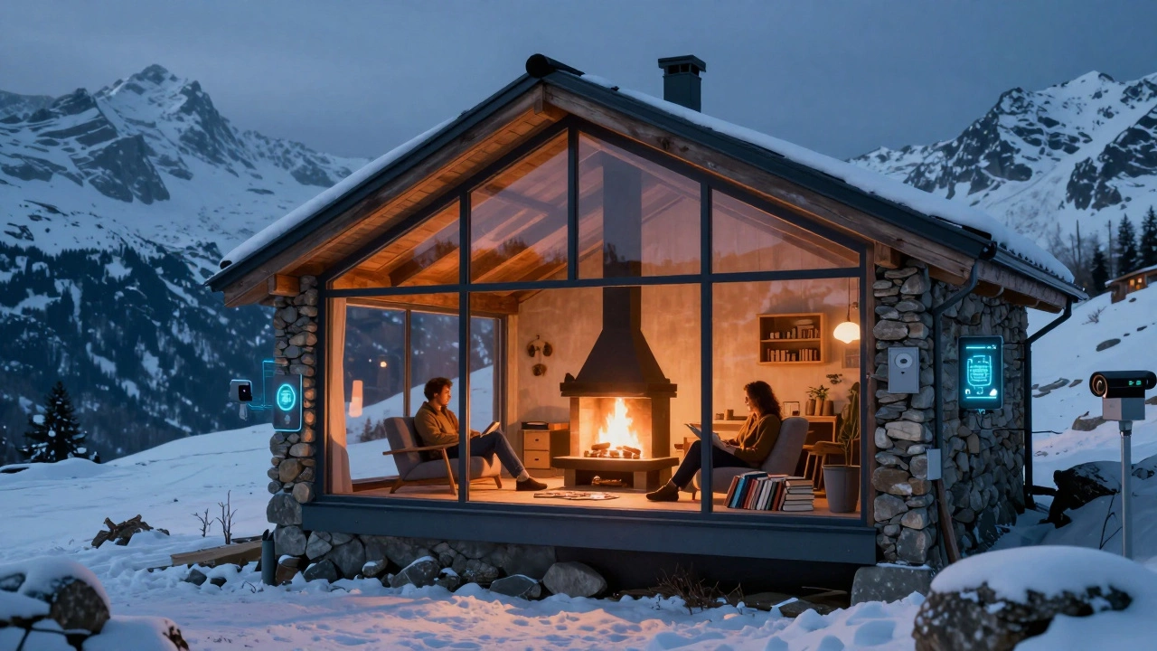 Couple relaxing in a high-tech alpine chalet without devices