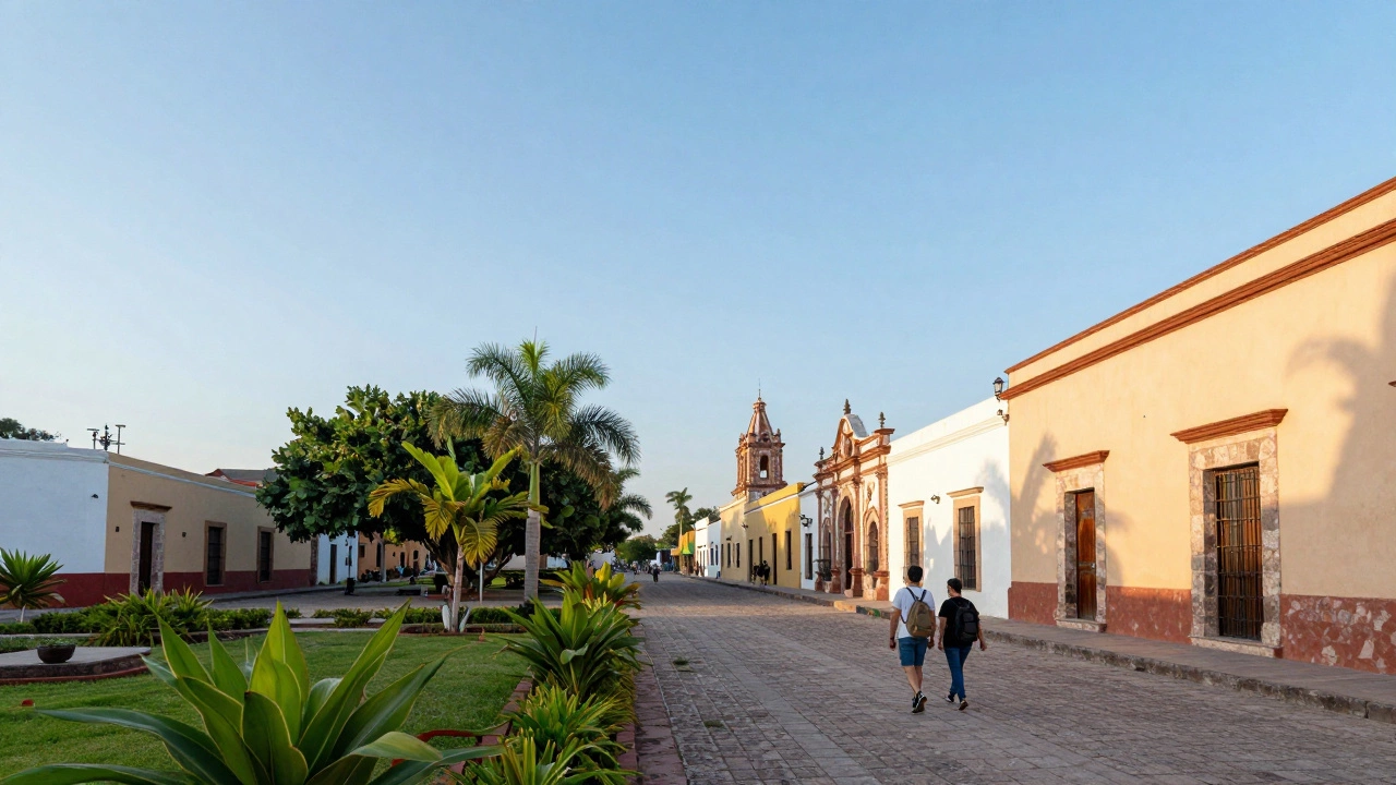 Couple walking through sunny colonial plaza in Mexican town with pastel buildings