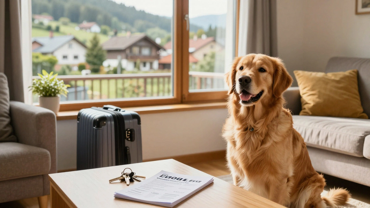 Dog and suitcase in cozy home representing house sitting