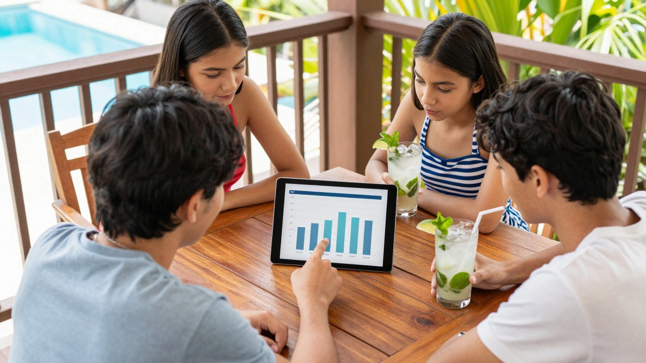 Family discussing holiday costs by a poolside table