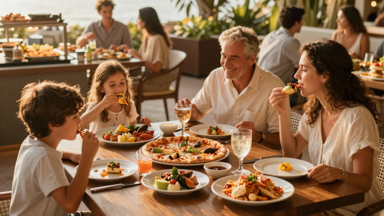 Family eating at all-inclusive resort buffet dinner