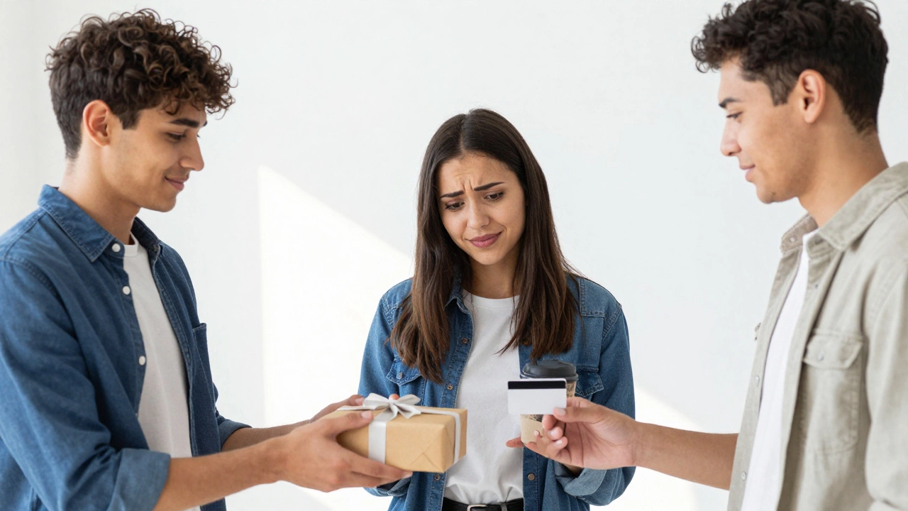 Friends exchanging a gift card as a gesture of apology