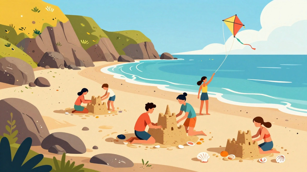 Friends playing with kites and building sandcastles on a rocky shore