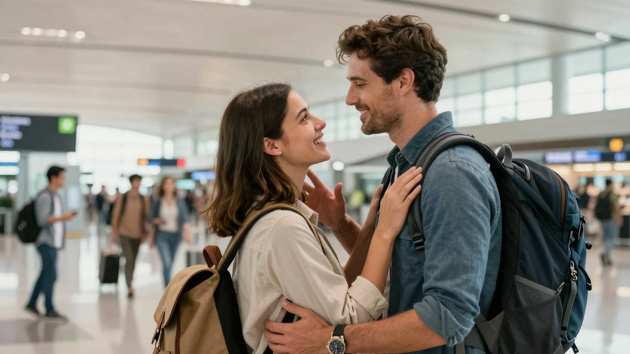 Happy couple embracing and sharing stories at an airport reunion