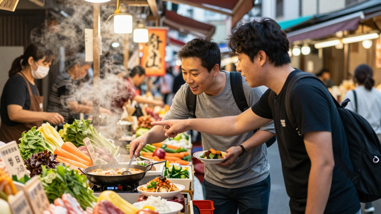 Local guide showing a traveler a hidden food stall