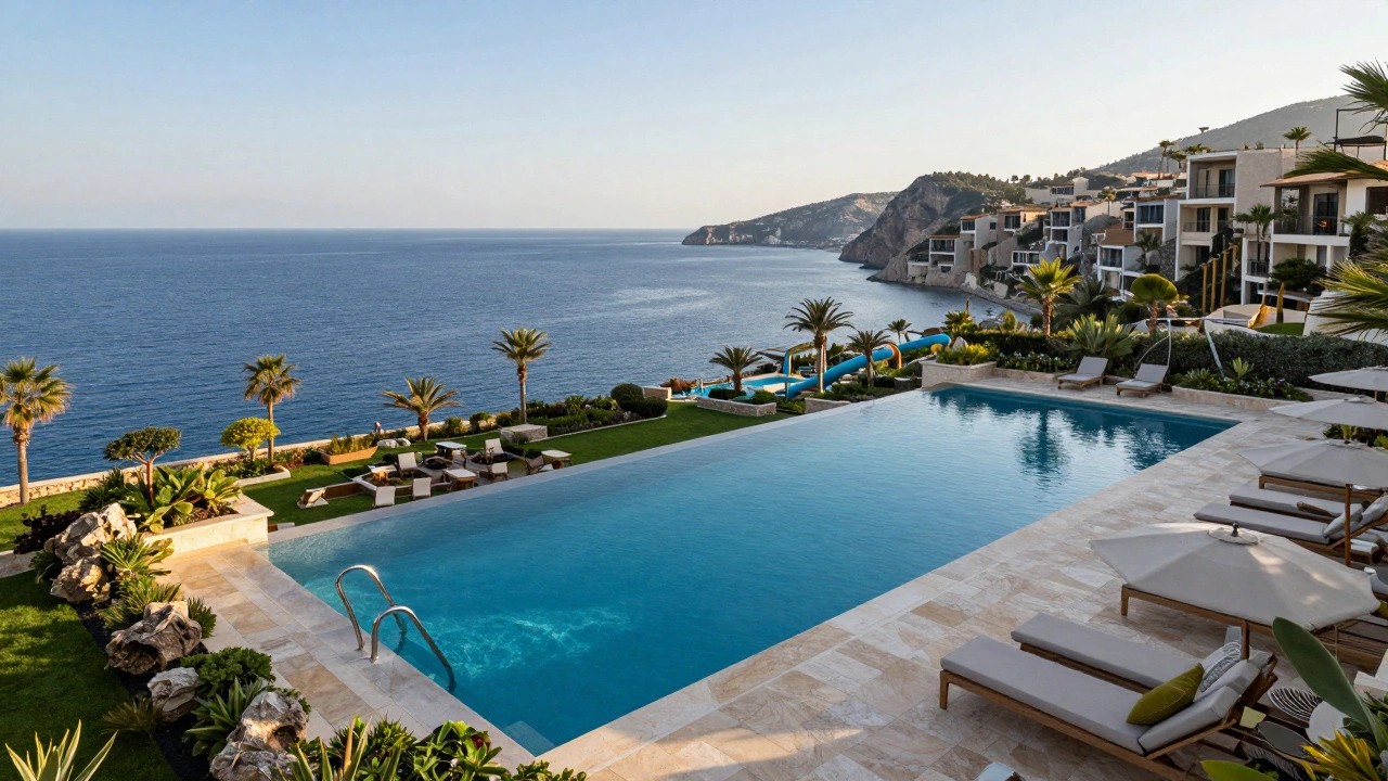 Luxury Turkish resort pool overlooking the Mediterranean sea