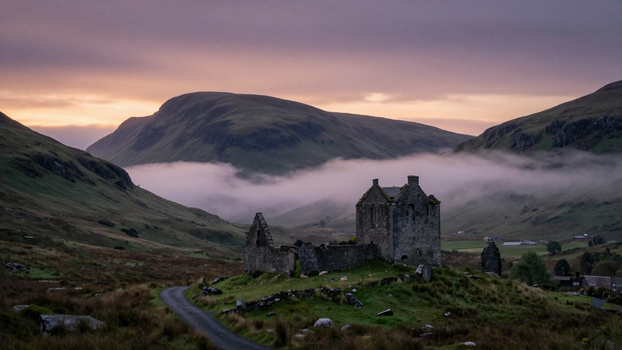 Misty Scottish Highlands landscape with an ancient castle ruin at dusk