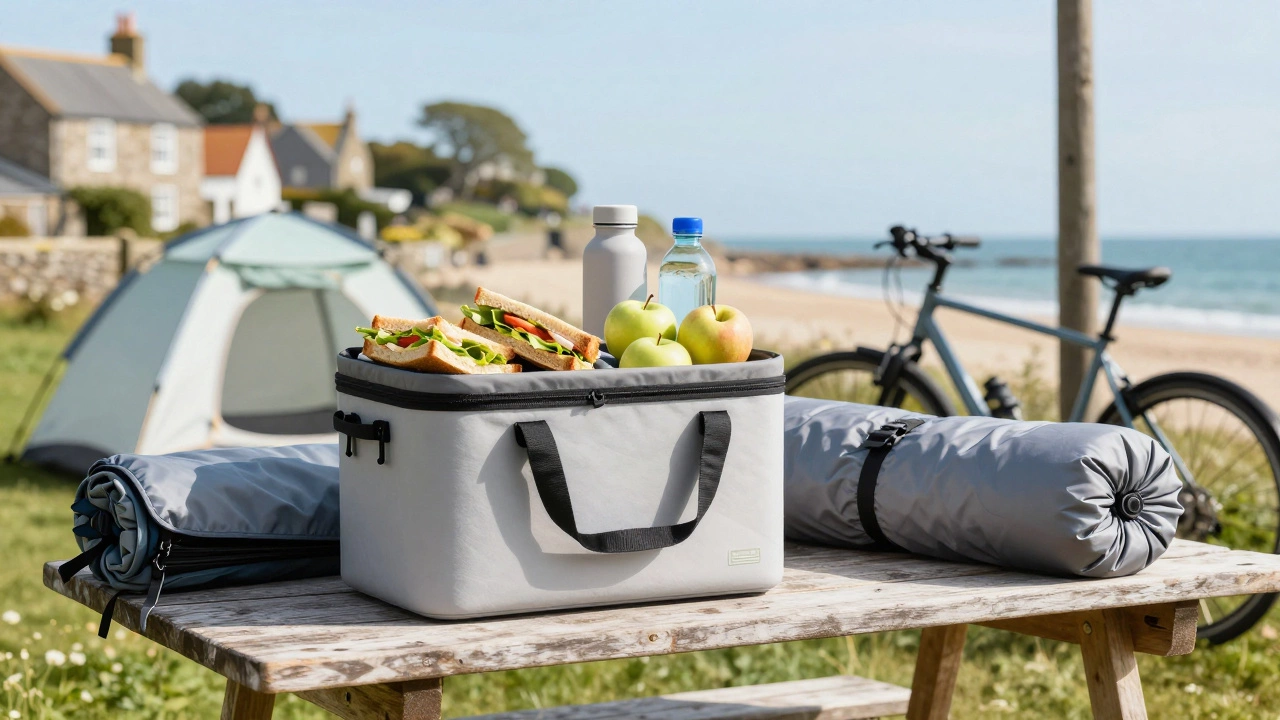 Packed cooler with sandwiches and camping gear on a wooden table