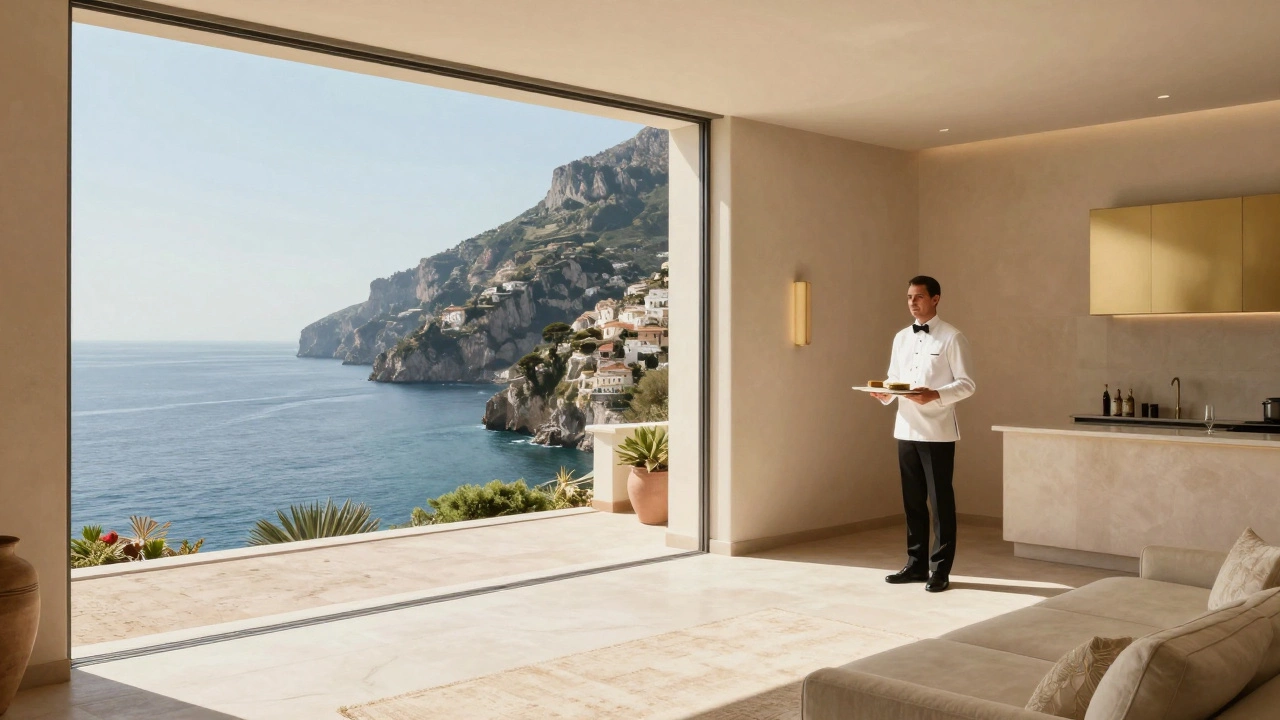 Private butler serving at a secluded cliffside villa terrace