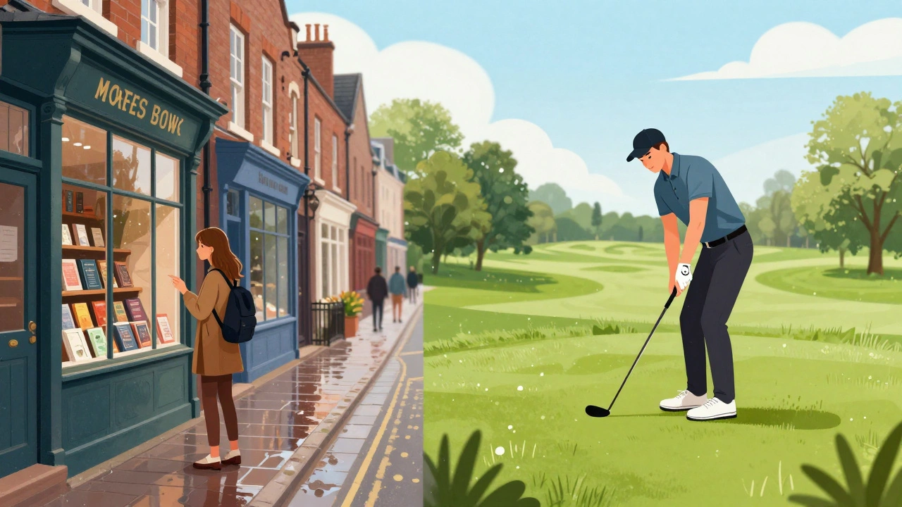 Split view of woman shopping in London and man golfing in Scotland