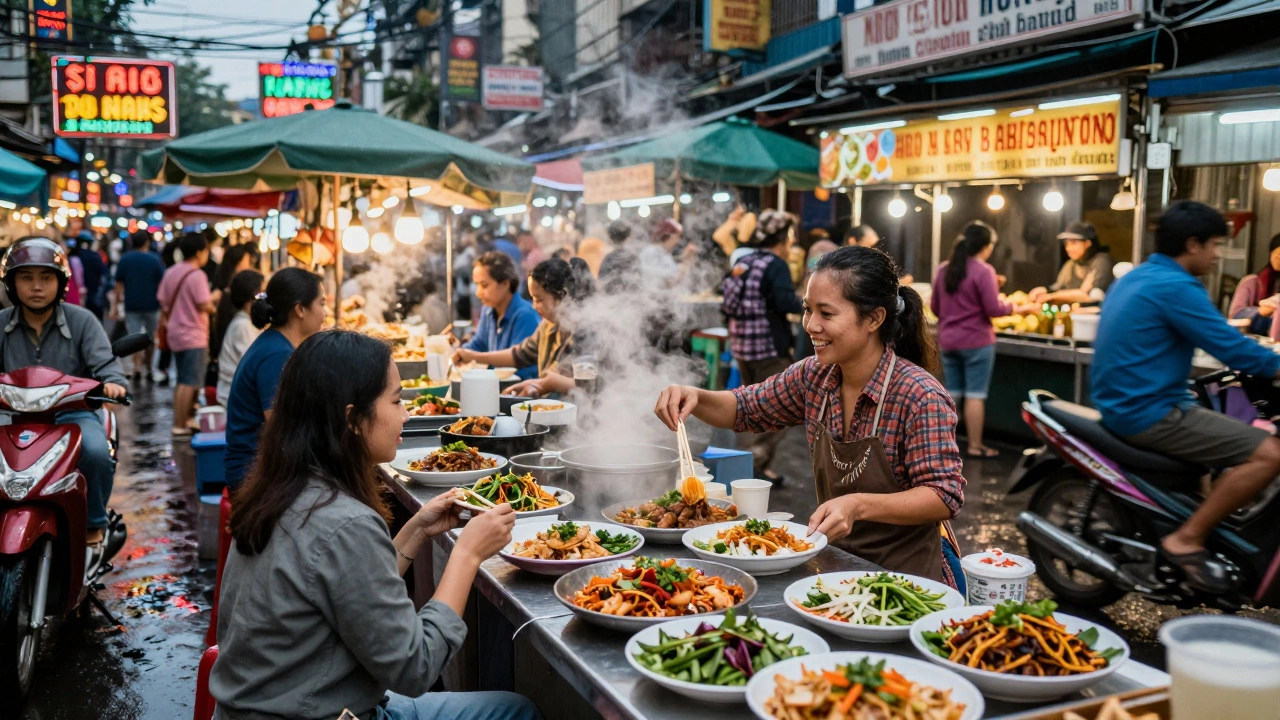 Vibrant street food market scene in Vietnam with steam rising from dishes