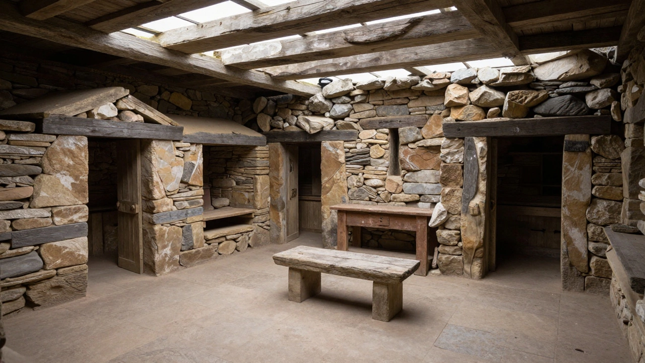 Ancient stone interiors of Skara Brae Neolithic settlement in Orkney