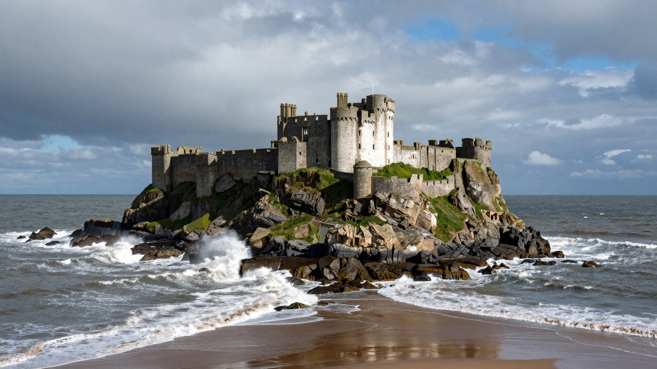 Bamburgh Castle standing as an island fortress amidst crashing North Sea waves