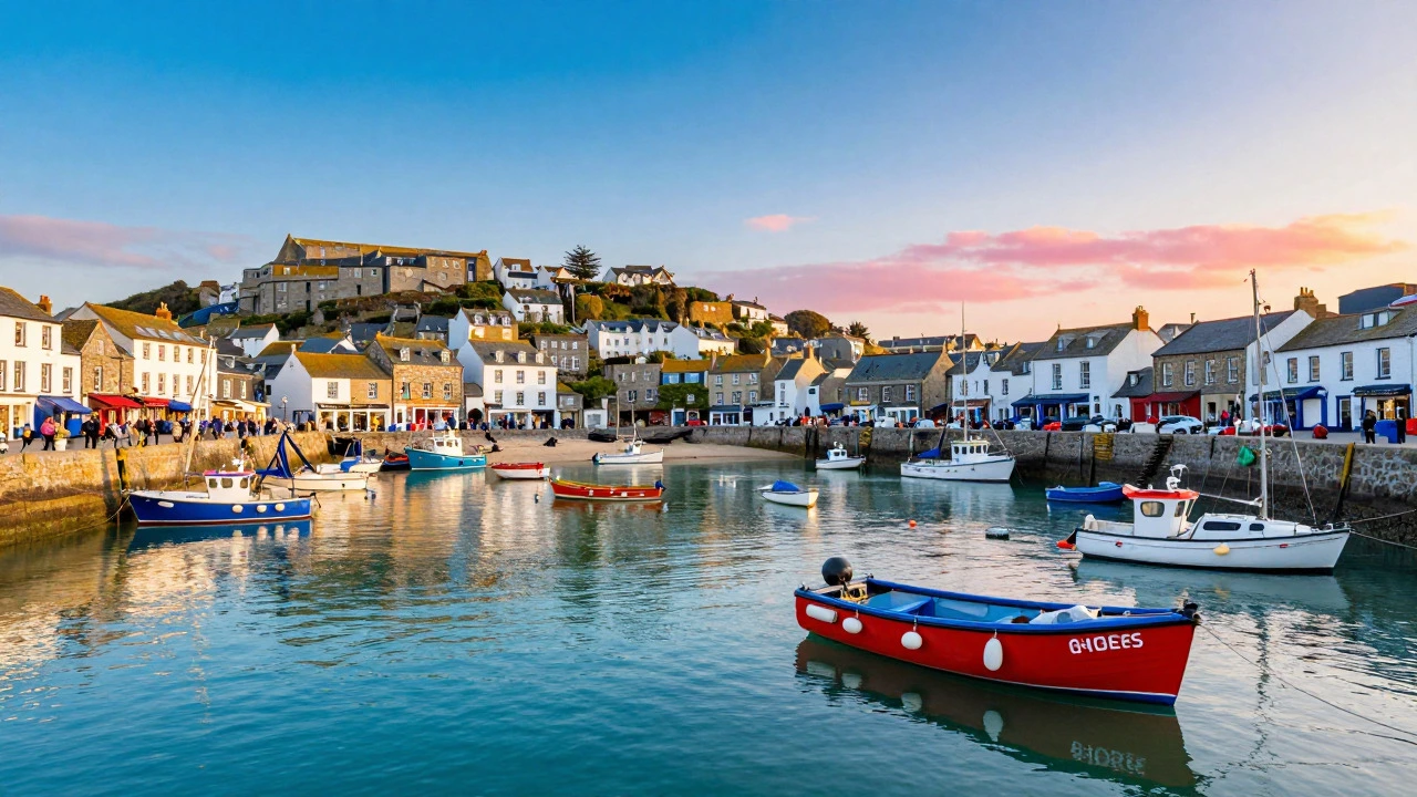 Colorful boats in St Ives harbor with cliffs and art galleries at sunset.