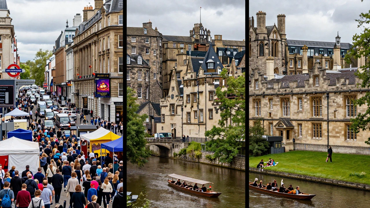 Comparison of tourist scenes in London, Edinburgh, and Oxford